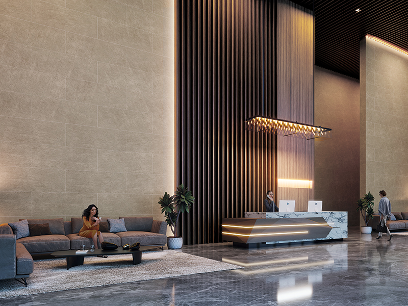 Grand triple height entrance lobbies